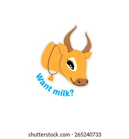 Head of Smiling Cow with Horns. Stylized Vector Drawing. Cartoon Character Illustration. Cattle Animal with Bell Logo. 