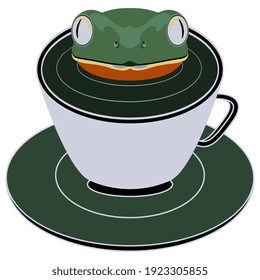 Head of smiling frog or toad inside tea or coffee cup. Funny beverage concept. 