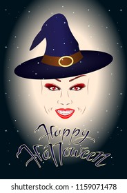 the head of a smiling girl, witch, vampire in a wizard hat on the background of the starry sky, the inscription Happy Halloween. Vector Illustration