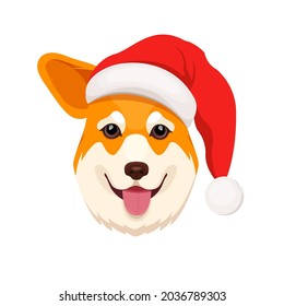 Head of smiling pembroke welsh corgi dog in a red Santa Claus hat. Cartoon character. Vector illustration on white background