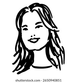 Cabeça de uma garota sorridente e bonita com cabelo loiro solto. Engraçado retrato feminino. Desenhado à mão linear rabiscar esboço bruto. Silhueta em preto e branco.