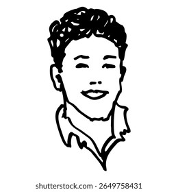 Cabeça de um jovem ou menino sorridente. Engraçado. Retrato masculino. Desenhado à mão linear rabiscar esboço bruto. Silhueta em preto e branco.
