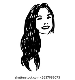 Head of a smiling young woman with long loose dark hair. Pretty brunette girl. Female portrait. Hand drawn linear doodle rough sketch. Black and white silhouette.