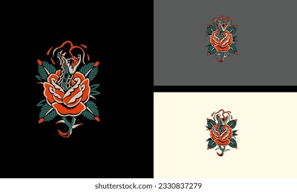 head snake and red flowers vector mascot design
