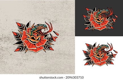 head snake and red rose flower tattoo design vector illustration design