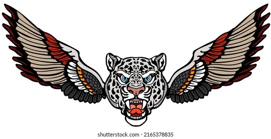 Head of a snow leopard with wings. Legendary mythological creature Aq Bars. Front view. Isolated vector illustration  