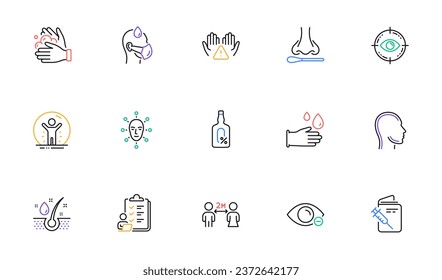 Head, Social distancing and Rubber gloves line icons for website, printing. Collection of Face biometrics, Alcohol free, Nasal test icons. Wash hands, Checklist, Serum oil web elements. Vector