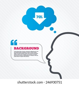 Head with speech bubble. 70% sale arrow tag sign icon. Discount symbol. Special offer label. Think background with quotes and seamless texture. Vector