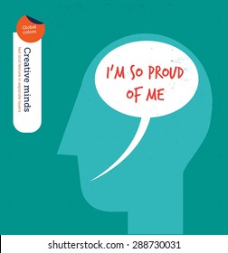 Head with speech bubble brain proud of me. Vector illustration Eps10 file. Global colors. Text and Texture in separate layers.