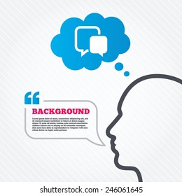 Head with speech bubble. Chat sign icon. Speech bubble symbol. Communication chat bubble. Think background with quotes and seamless texture. Vector