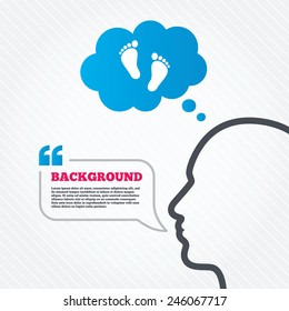 Head with speech bubble. Child pair of footprint sign icon. Toddler barefoot symbol. Baby's first steps. Think background with quotes and seamless texture. Vector
