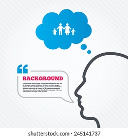 Head with speech bubble. Family with two children sign icon. Complete family symbol. Think background with quotes and seamless texture. Vector