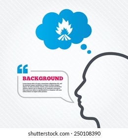 Head with speech bubble. Fire flame sign icon. Heat symbol. Stop fire. Escape from fire. Think background with quotes and seamless texture. Vector