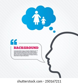 Head with speech bubble. One-parent family with one child sign icon. Mother with daughter symbol. Think background with quotes and seamless texture. Vector