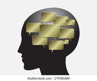 head with Speech Bubbles. brain idea concept. technology template for computer graphic website internet and business. circuit. text box set. Silhouette. Infographics. vector. think. gold