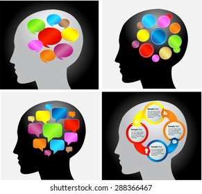 head with Speech Bubbles. brain idea concept. technology template for computer graphic website internet and business. circuit. text box set. Silhouette. Infographics. vector. think, many, various.