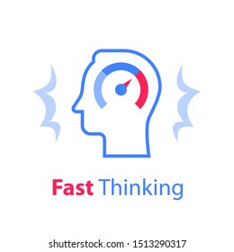 Head and speedometer, outline design, growth mindset, potential development, fast self improvement, soft skills training, boost efficiency, fast decision making, vector line icon