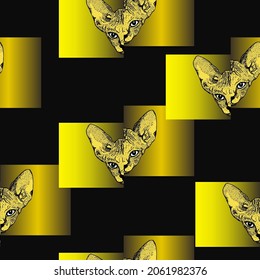 Head Sphinx cat and gold geometric asymmetrical square figure seamless pattern sketch graphics on black background. Golden pattern. Prints for clothes, T-shirts. Vector