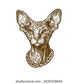 head of a sphynx cat with a chain necklace around its neck with old engraving style