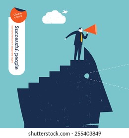 Head with stairs and coach with megaphone. Vector illustration Eps10 file. Global colors. Text and Texture in separate layers.