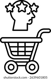 A head with stars on it is in front of a shopping cart. The head is sad and the shopping cart is empty