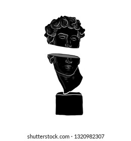 Head Statue Of David by Michelangelo. Modern graphic drawing of sculpture splitting into two in surreal fantasy style. Psychedelic art. 