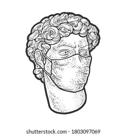 head of a statue of david in medical mask sketch engraving vector illustration. T-shirt apparel print design. Scratch board imitation. Black and white hand drawn image.