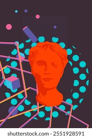 Head Statue geometrical graphic retro theme background. Minimal geometric elements. Vintage abstract shapes vector illustration.