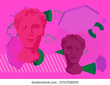 Head Statue geometrical graphic retro theme background. Minimal geometric elements. Vintage abstract shapes vector illustration.