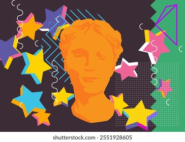 Head Statue geometrical graphic retro theme background. Minimal geometric elements. Vintage abstract shapes vector illustration.