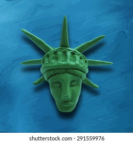 Head of Statue of Liberty on blue background, for 4 July American Independence Day and other events. Vector illustration. Plasticine modeling.