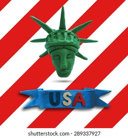 Head of Statue of Liberty on red and white background, for 4 July American Independence Day and other events. Vector illustration. Plasticine modeling.