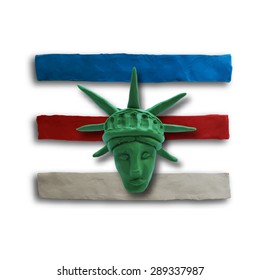 Head of Statue of Liberty on ribbons background, for 4 July American Independence Day and other events. Vector illustration. Plasticine modeling.