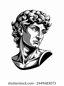 Head of statue, young man sculpture bust. Classic Greek 
statue drawn in modern style. Stylized classic art. Isolated on white. Vector illustration.