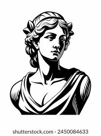 Head of statue, young woman sculpture bust. Classic Greek female statue drawn in modern style. Stylized classic art. Isolated on white. Vector illustration.