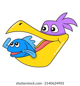 la cabeza de la cigüeña sonríe cargando pescado en su boca, ilustración vectorial art. doodle imagen kawaii.