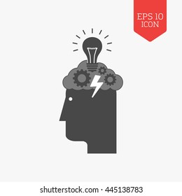 Head with storming cloud and lightbulb icon, brainstorm concept. Flat design gray color symbol. Modern UI web navigation, sign. Illustration element