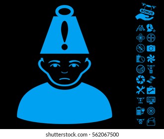 Head Stress icon with bonus quad copter tools pictograph collection. Vector illustration style is flat iconic blue symbols on black background.