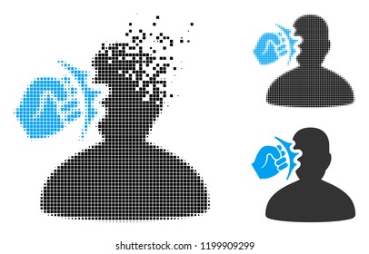 Head strike icon in disappearing, pixelated halftone and undamaged entire variants. Points are arranged into vector disappearing head strike icon. Disappearing effect uses rectangle pixels.