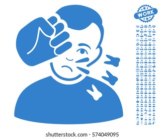 Head Strike pictograph with bonus occupation symbols. Vector illustration style is flat iconic cobalt symbols on white background.
