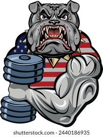 Head and strong hand of angry English bulldog. Gym club 
