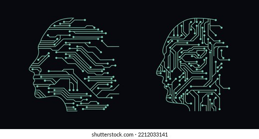 head in style of Printed circuit board outline illustration. Futuristic artificial intelligence design theme. Modern technology networking for design element