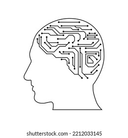 head in style of Printed circuit board outline illustration. Futuristic artificial intelligence design theme. Modern technology networking for design element