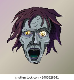 Head of a stylized dead man ghoul character with glowing eyes and open mouth