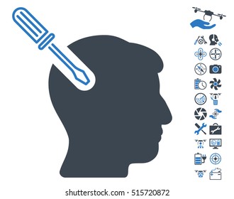 Head Surgery Screwdriver icon with bonus uav service graphic icons. Vector illustration style is flat iconic smooth blue symbols on white background.