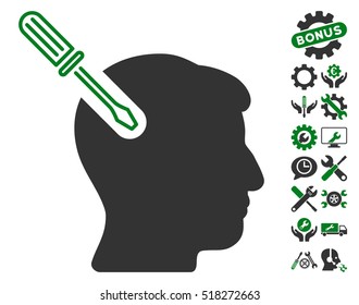 Head Surgery Screwdriver icon with bonus options pictograph collection. Vector illustration style is flat iconic green and gray symbols on white background.