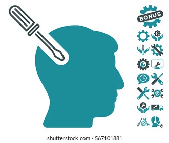 Head Surgery Screwdriver icon with bonus options pictograms. Vector illustration style is flat iconic soft blue symbols on white background.