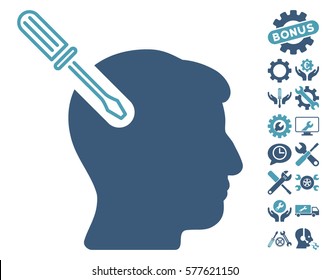 Head Surgery Screwdriver icon with bonus settings images. Vector illustration style is flat iconic cyan and blue symbols on white background.