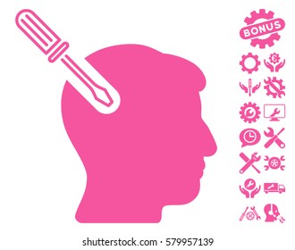 Head Surgery Screwdriver icon with bonus settings pictograph collection. Vector illustration style is flat iconic pink symbols on white background.