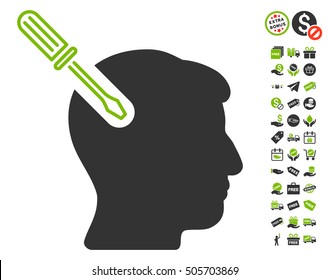 Head Surgery Screwdriver icon with free bonus icon set. Vector illustration style is flat iconic symbols, eco green and gray colors, white background.